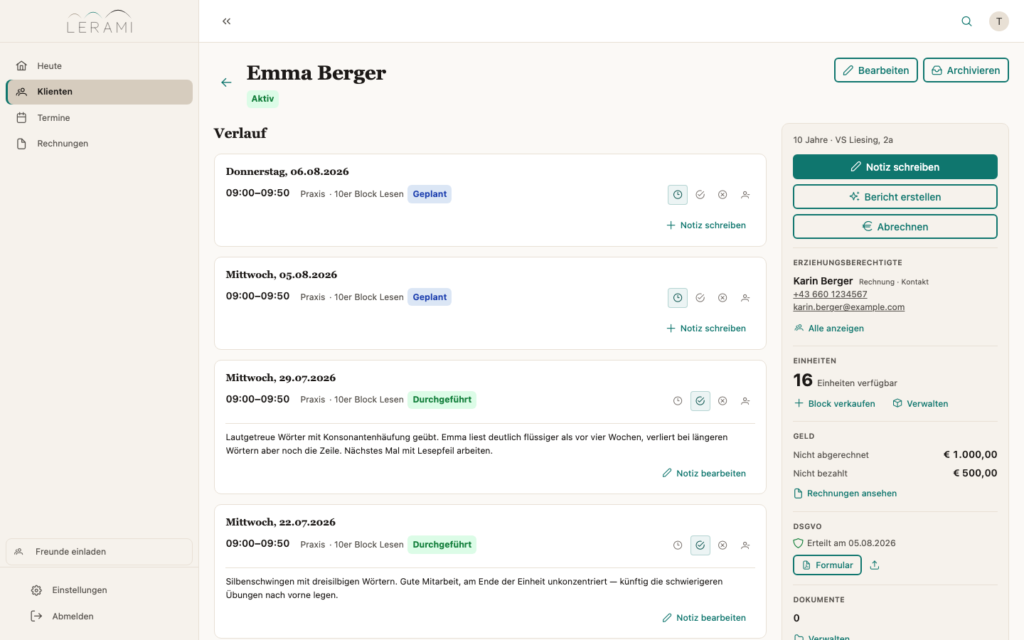 Die Klientenansicht: links der Verlauf aus Terminen und Notizen, rechts die wichtigsten Fakten zum Kind.